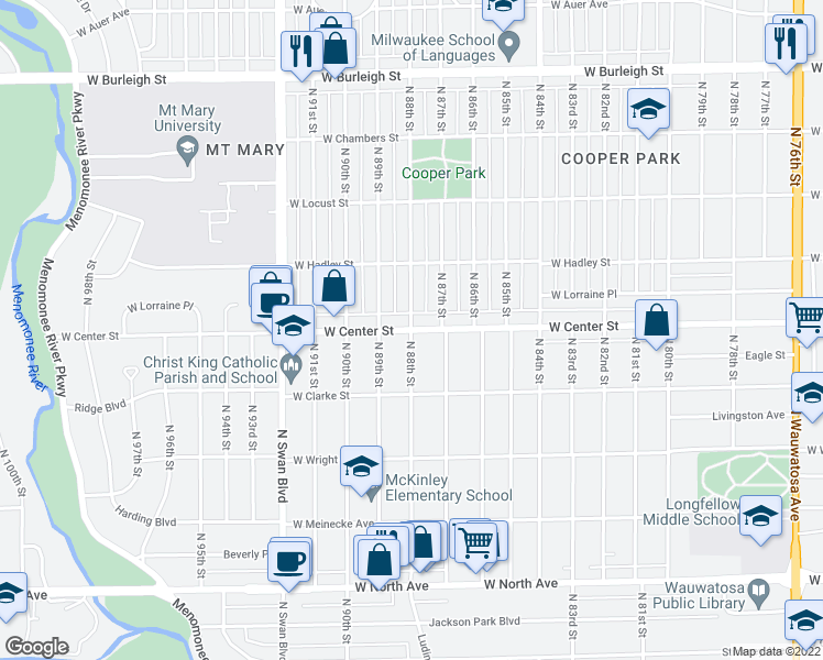 map of restaurants, bars, coffee shops, grocery stores, and more near W Center St & N 88th St in Milwaukee