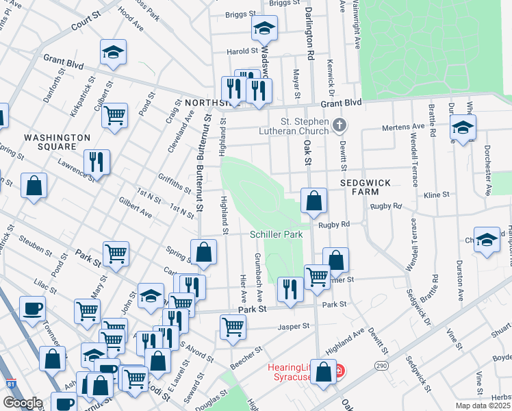 map of restaurants, bars, coffee shops, grocery stores, and more near Schiller Park Drive in Syracuse