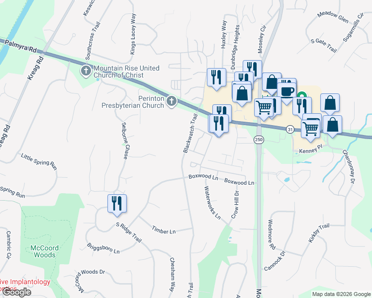 map of restaurants, bars, coffee shops, grocery stores, and more near 18 Blackwatch Trail in Fairport