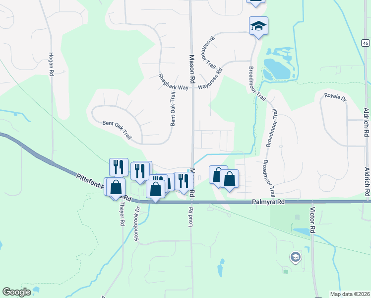 map of restaurants, bars, coffee shops, grocery stores, and more near 321 Mason Road in Fairport