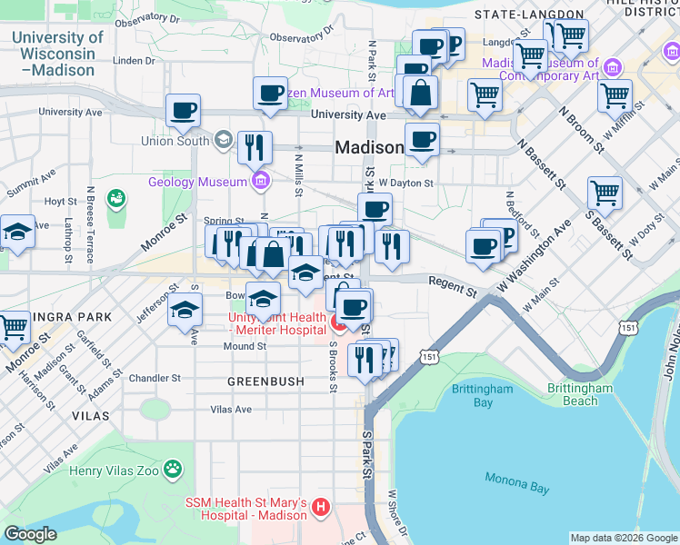 map of restaurants, bars, coffee shops, grocery stores, and more near 918 Regent Street in Madison