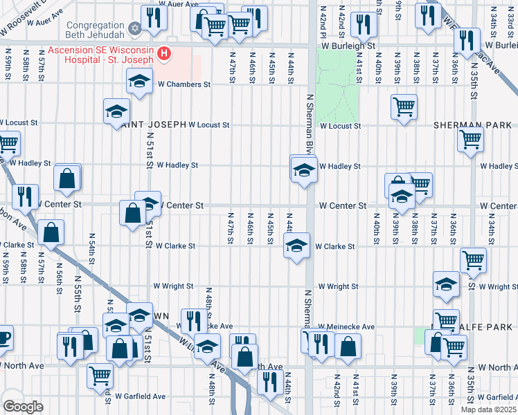 map of restaurants, bars, coffee shops, grocery stores, and more near 4519 West Center Street in Milwaukee
