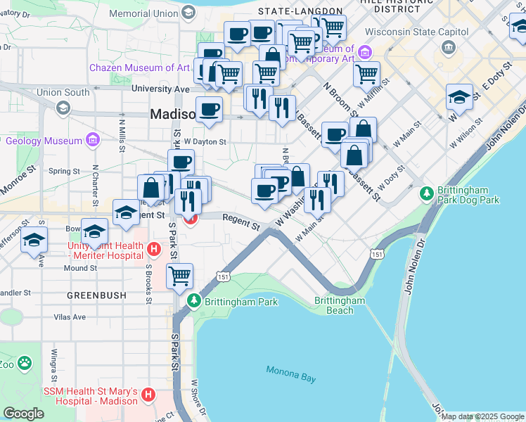 map of restaurants, bars, coffee shops, grocery stores, and more near 656 Regent Street in Madison