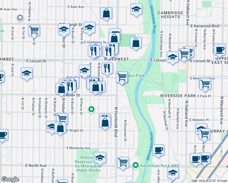 map of restaurants, bars, coffee shops, grocery stores, and more near 2715 North Humboldt Boulevard in Milwaukee