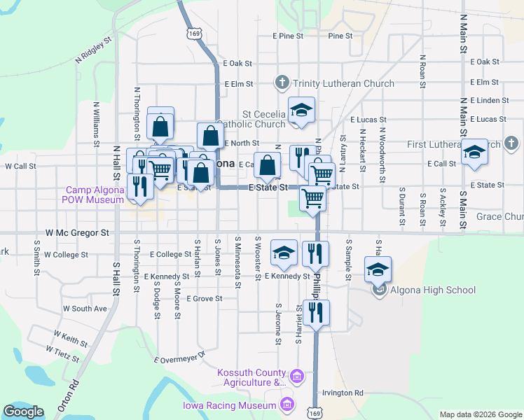 map of restaurants, bars, coffee shops, grocery stores, and more near 203 South Wooster Street in Algona