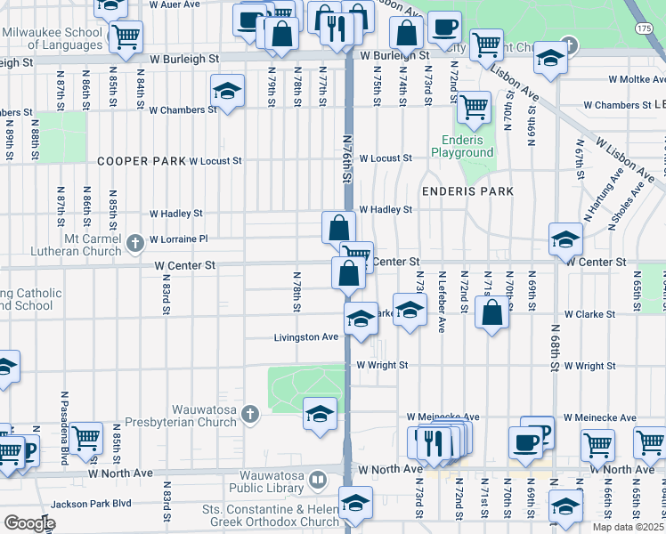 map of restaurants, bars, coffee shops, grocery stores, and more near 7623 West Center Street in Milwaukee