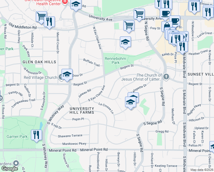 map of restaurants, bars, coffee shops, grocery stores, and more near 15 South Eau Claire Avenue in Madison