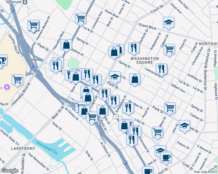 map of restaurants, bars, coffee shops, grocery stores, and more near 314 Court Street in Syracuse