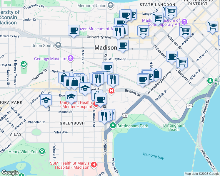 map of restaurants, bars, coffee shops, grocery stores, and more near 832 Regent Street in Madison
