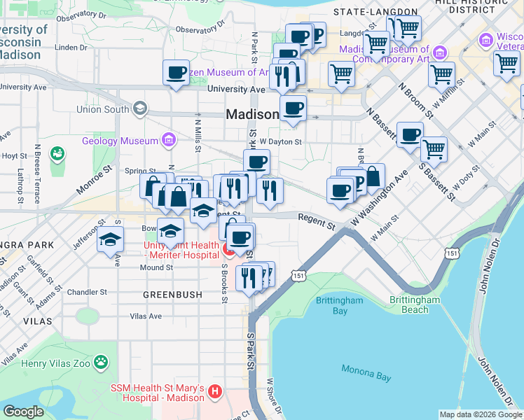 map of restaurants, bars, coffee shops, grocery stores, and more near 832 Regent Street in Madison