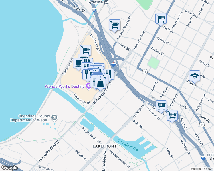 map of restaurants, bars, coffee shops, grocery stores, and more near 306 Hiawatha Boulevard West in Syracuse