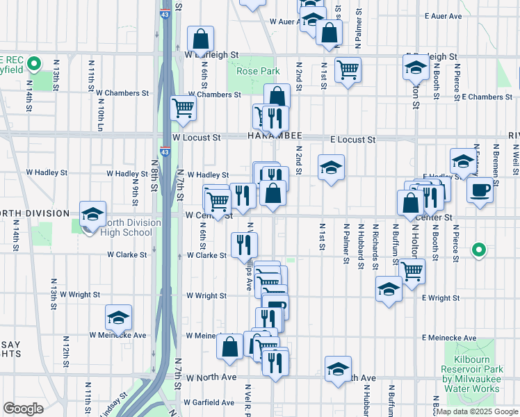map of restaurants, bars, coffee shops, grocery stores, and more near 2710 Vel R. Phillips Avenue in Milwaukee