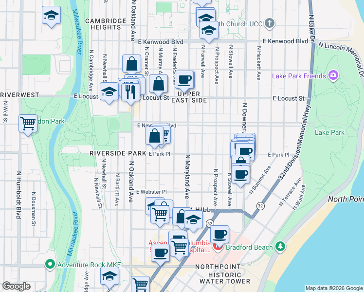 map of restaurants, bars, coffee shops, grocery stores, and more near 2720 North Frederick Avenue in Milwaukee