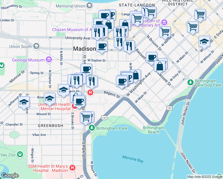 map of restaurants, bars, coffee shops, grocery stores, and more near 700 Regent Street in Madison