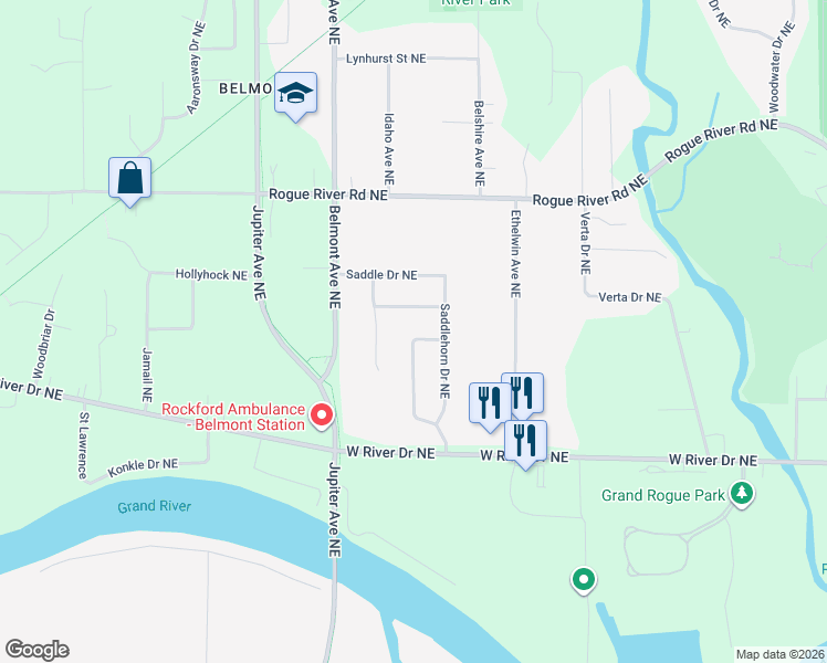 map of restaurants, bars, coffee shops, grocery stores, and more near 5769 Bayhill Northeast in Plainfield charter Township