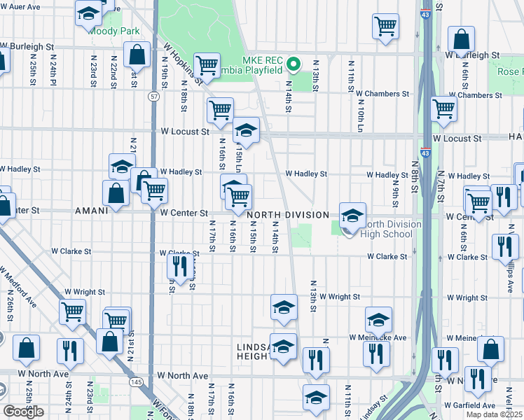 map of restaurants, bars, coffee shops, grocery stores, and more near 1420 West Center Street in Milwaukee