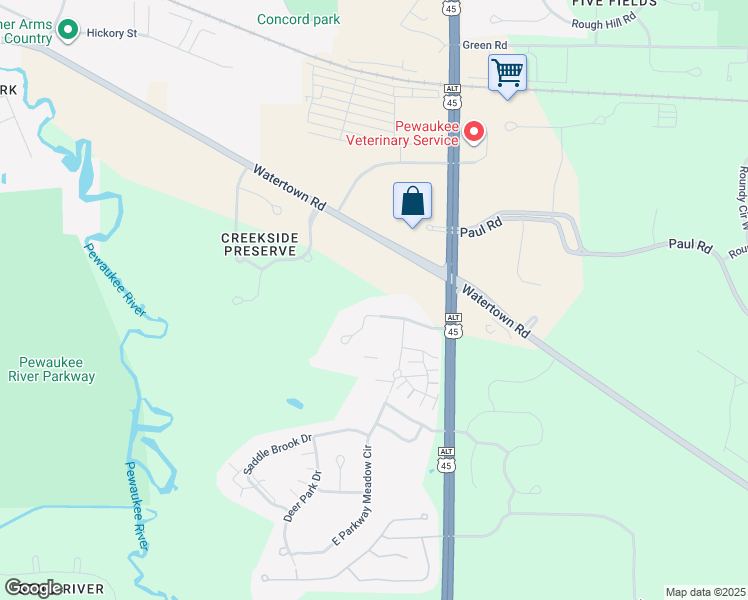map of restaurants, bars, coffee shops, grocery stores, and more near N26W24160 River Park Drive in Pewaukee