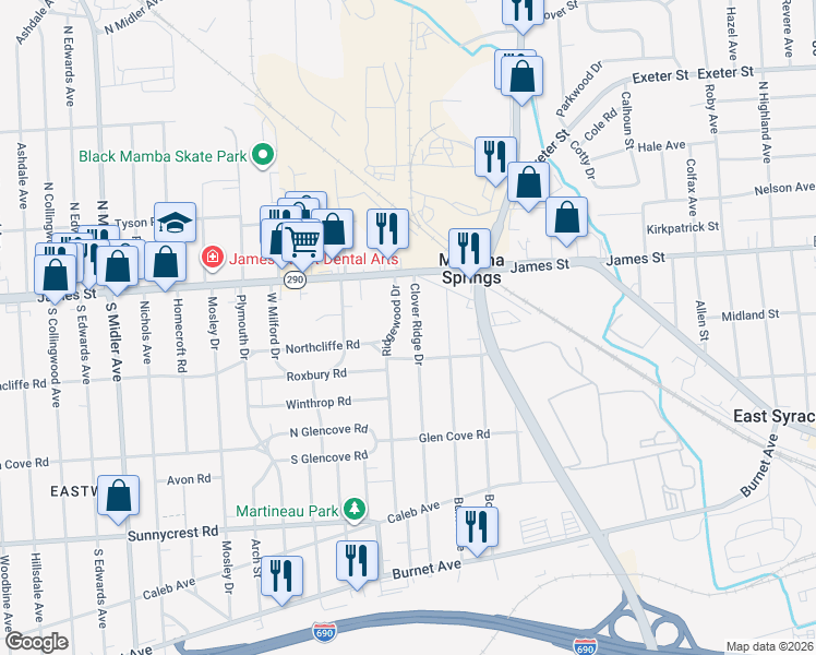 map of restaurants, bars, coffee shops, grocery stores, and more near 146-48 Clover Ridge Drive in Syracuse