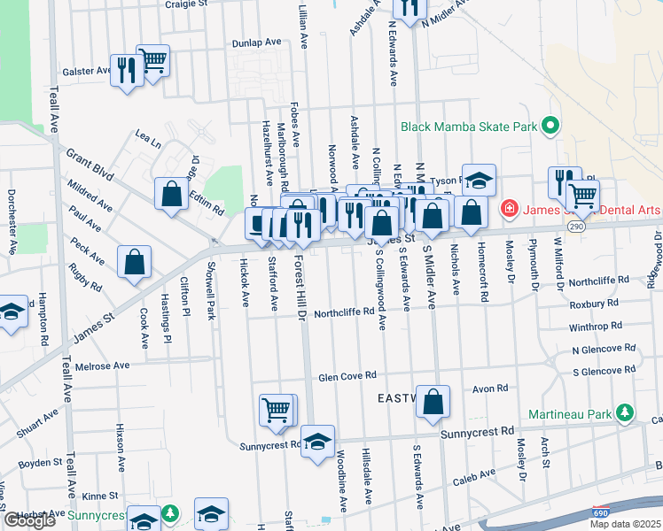 map of restaurants, bars, coffee shops, grocery stores, and more near 118 Woodbine Avenue in Syracuse