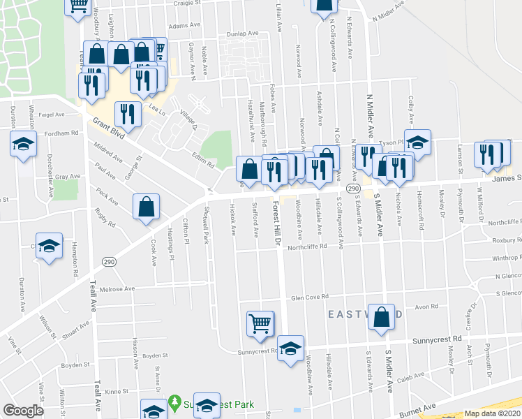 map of restaurants, bars, coffee shops, grocery stores, and more near 2378 James Street in Syracuse