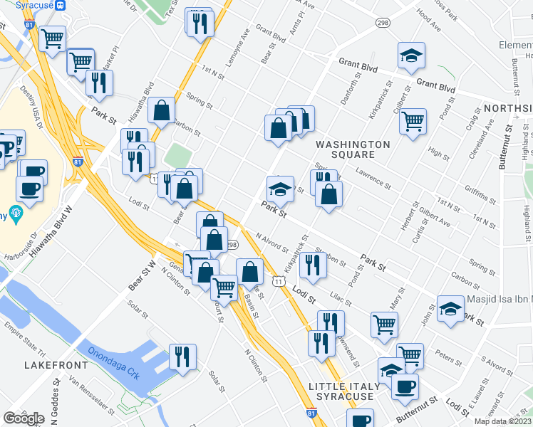 map of restaurants, bars, coffee shops, grocery stores, and more near 314 Court Street in Syracuse