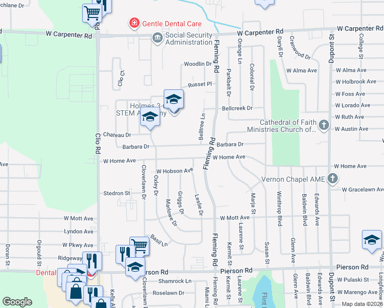 map of restaurants, bars, coffee shops, grocery stores, and more near 1618 West Home Avenue in Flint