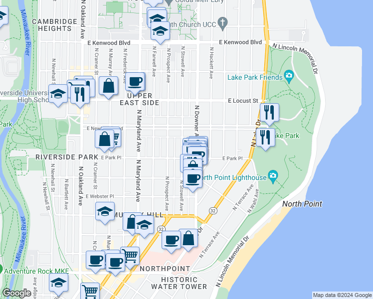 map of restaurants, bars, coffee shops, grocery stores, and more near 2728 North Stowell Avenue in Milwaukee