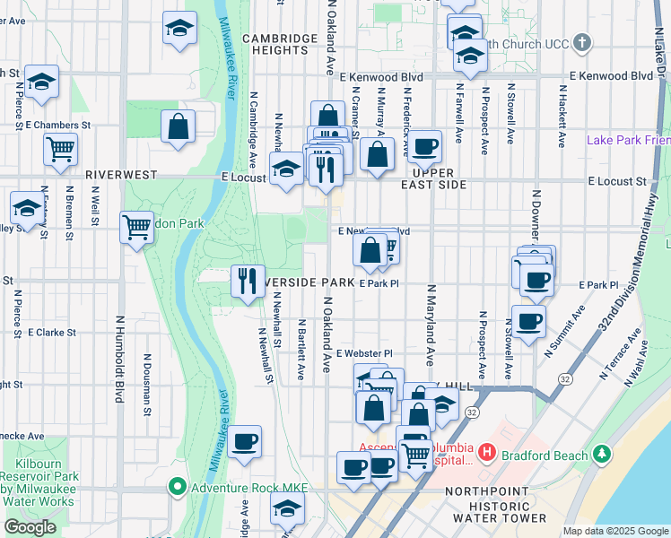 map of restaurants, bars, coffee shops, grocery stores, and more near 2729 North Oakland Avenue in Milwaukee