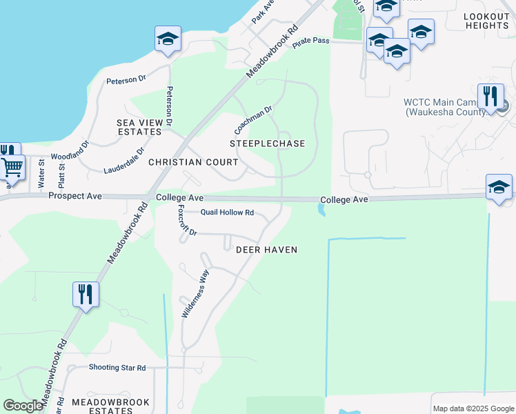 map of restaurants, bars, coffee shops, grocery stores, and more near N26W26286 Quail Hollow Road in Pewaukee