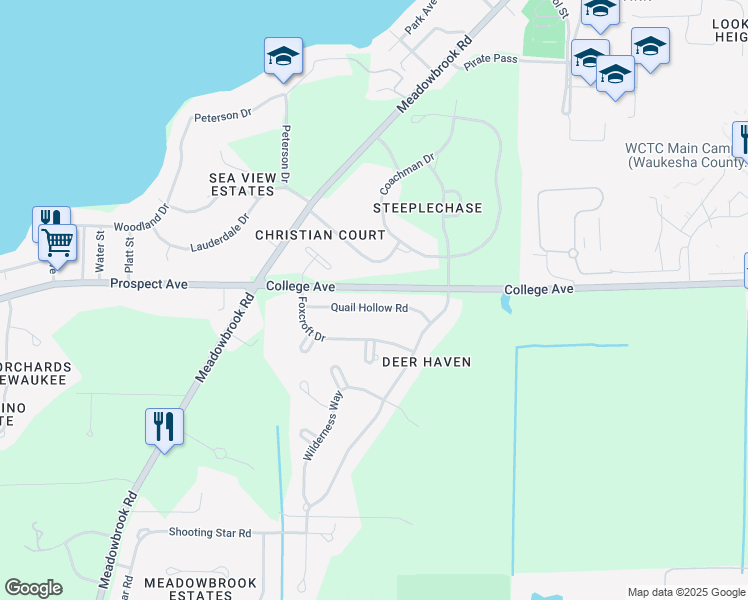 map of restaurants, bars, coffee shops, grocery stores, and more near N26W26334 Quail Hollow Road in Pewaukee