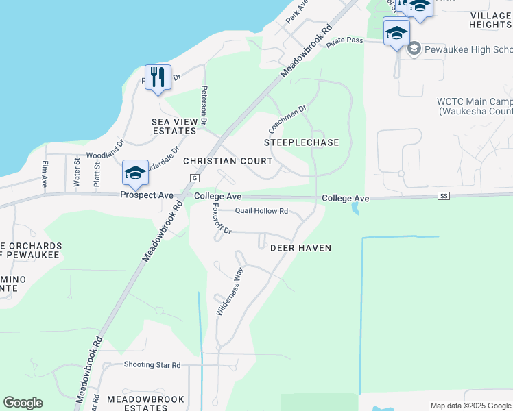 map of restaurants, bars, coffee shops, grocery stores, and more near N26W26334 Quail Hollow Road in Pewaukee