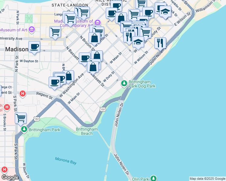 map of restaurants, bars, coffee shops, grocery stores, and more near 427 West Wilson Street in Madison