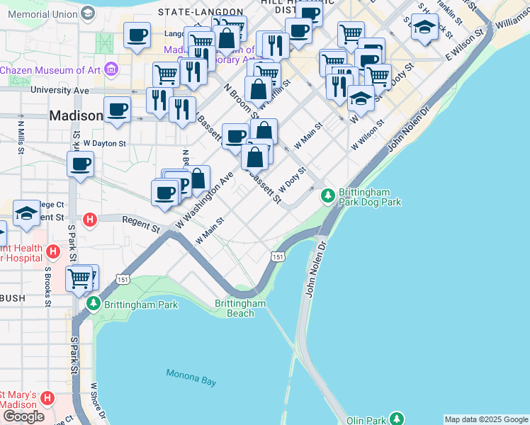 map of restaurants, bars, coffee shops, grocery stores, and more near 524 West Doty Street in Madison