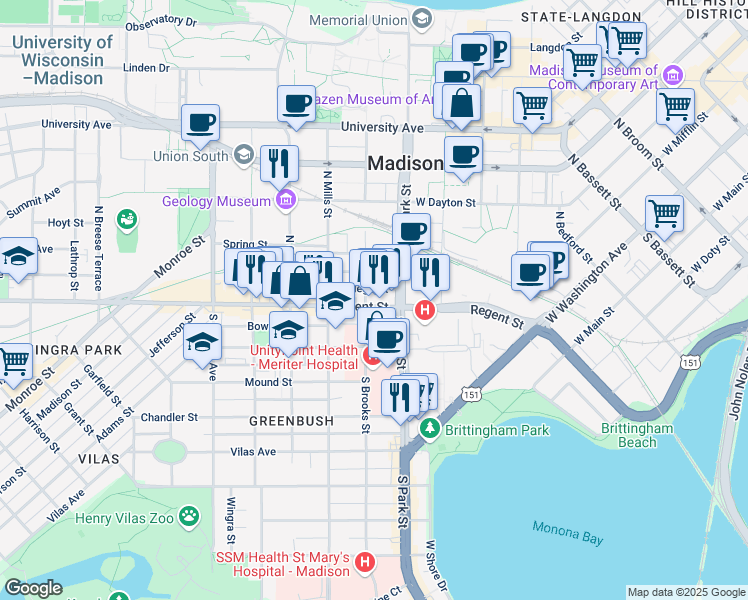 map of restaurants, bars, coffee shops, grocery stores, and more near in Madison