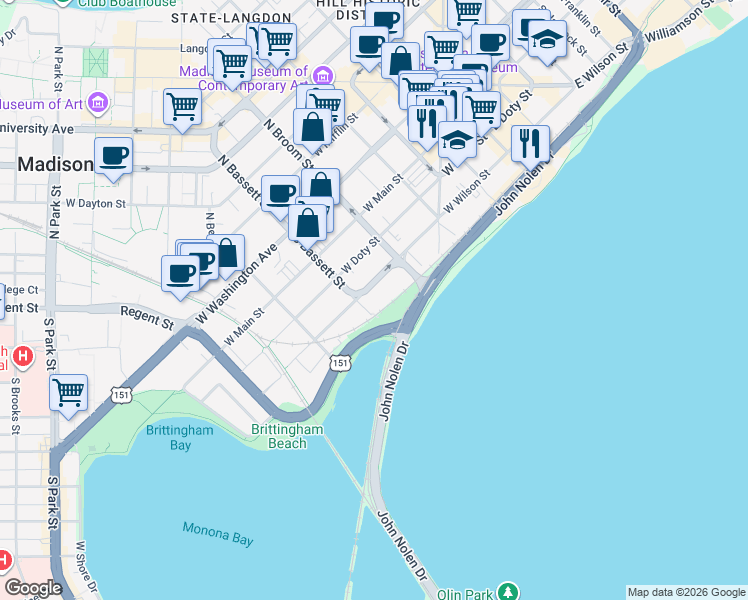 map of restaurants, bars, coffee shops, grocery stores, and more near 427 West Wilson Street in Madison