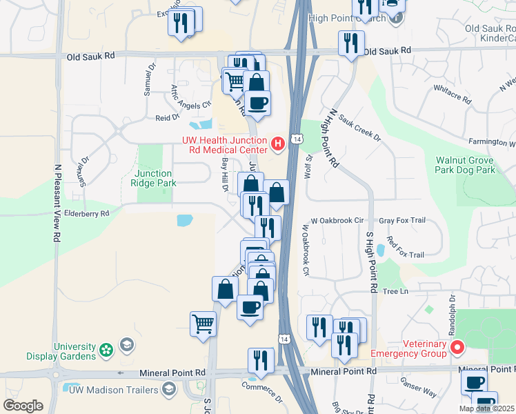 map of restaurants, bars, coffee shops, grocery stores, and more near 376 Junction Road in Madison