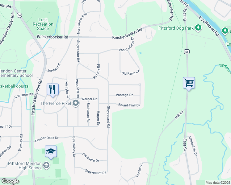 map of restaurants, bars, coffee shops, grocery stores, and more near 3 Vantage Drive in Pittsford