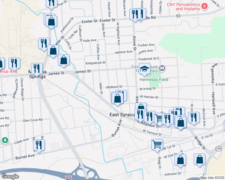 map of restaurants, bars, coffee shops, grocery stores, and more near 317 Highland Avenue in East Syracuse