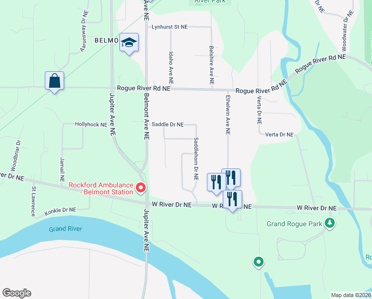 map of restaurants, bars, coffee shops, grocery stores, and more near 5769 Bayhill Northeast in Plainfield charter Township