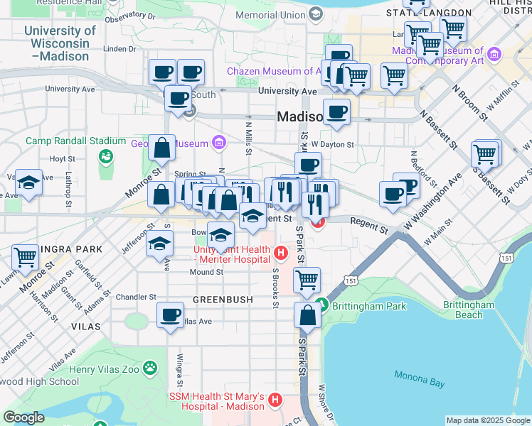map of restaurants, bars, coffee shops, grocery stores, and more near 1020 Regent Street in Madison