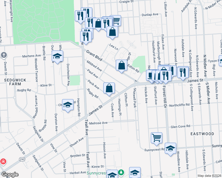 map of restaurants, bars, coffee shops, grocery stores, and more near 113 Paul Avenue in Syracuse