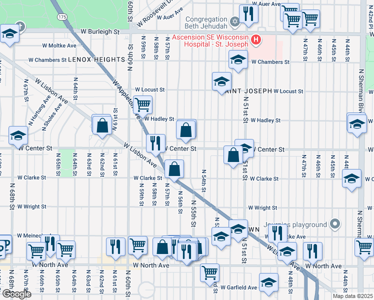 map of restaurants, bars, coffee shops, grocery stores, and more near 5507 West Center Street in Milwaukee