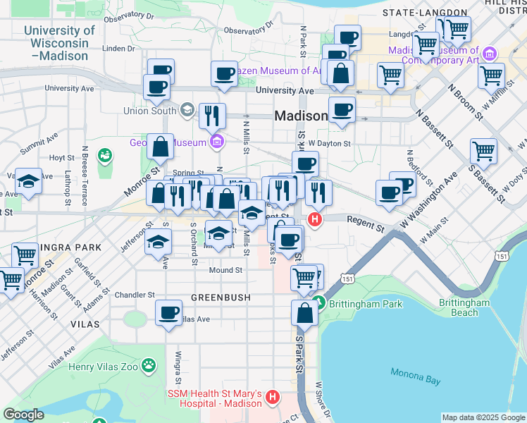 map of restaurants, bars, coffee shops, grocery stores, and more near 1020 Regent Street in Madison