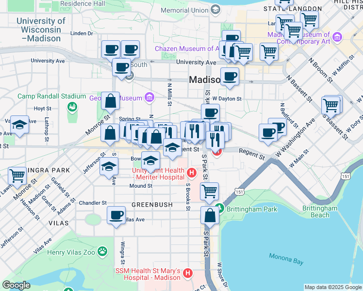 map of restaurants, bars, coffee shops, grocery stores, and more near 1020 Regent Street in Madison