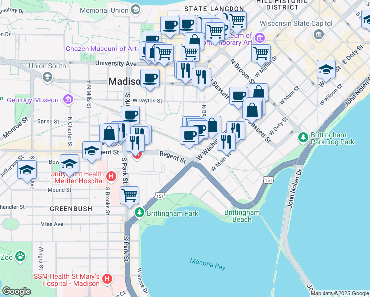 map of restaurants, bars, coffee shops, grocery stores, and more near 656 Regent Street in Madison