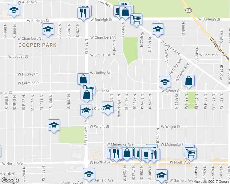 map of restaurants, bars, coffee shops, grocery stores, and more near 7265 West Center Street in Wauwatosa