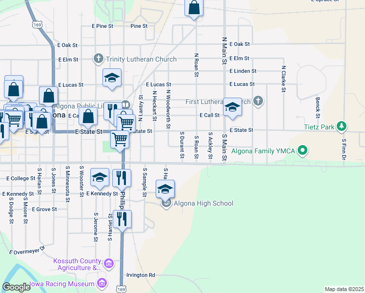map of restaurants, bars, coffee shops, grocery stores, and more near 1301 East Nebraska Street in Algona