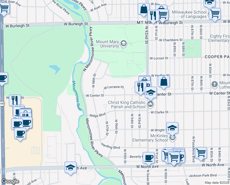 map of restaurants, bars, coffee shops, grocery stores, and more near 9544 West Center Street in Milwaukee