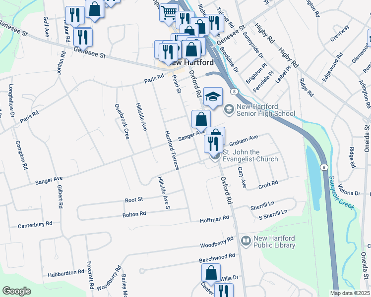 map of restaurants, bars, coffee shops, grocery stores, and more near 4 Tisdale Avenue in New Hartford