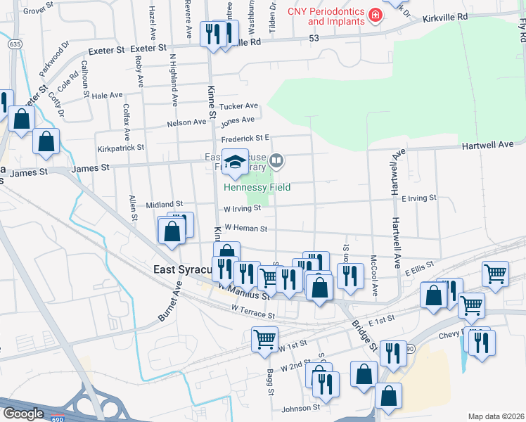 map of restaurants, bars, coffee shops, grocery stores, and more near 201 W Irving St in East Syracuse